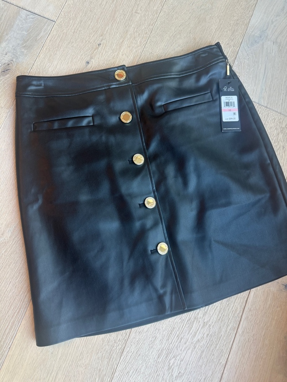 Karl Lagerfeld Black Faux Leather Button-Front Mini Skirt